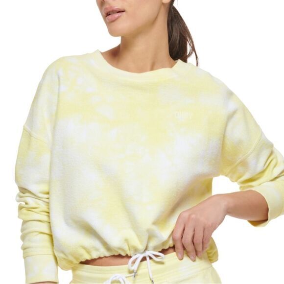 DKNY Womens Sweatshirt Sz Large Yellow Cropped Drawstring Hem Tie Dye NWOT‎ - Picture 1 of 11